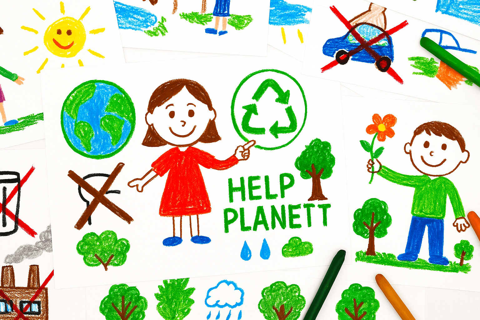 Children’s crayon drawing with the words “HELP PLANET,” showing a girl pointing to a recycling symbol, a boy holding a flower, Earth, trees, rain, sun, and crossed-out symbols of pollution like cars, trash, and factories to illustrate how human activities affect the environment and ways to help.