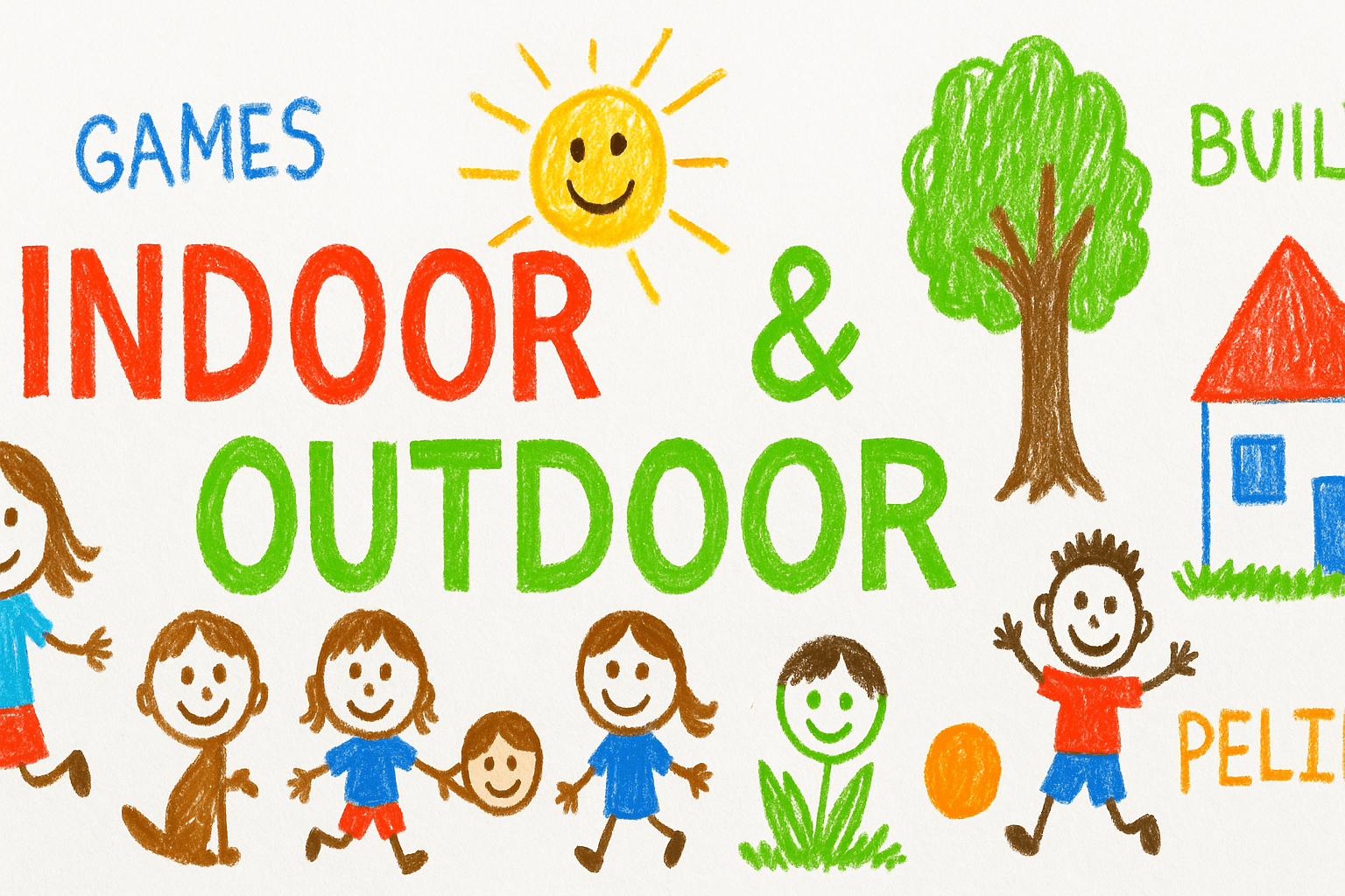 Children’s crayon drawing with the words “INDOOR & OUTDOOR GAMES,” showing kids playing, a dog, a ball, trees, sun, and a house to represent natural and built features of different play environments.