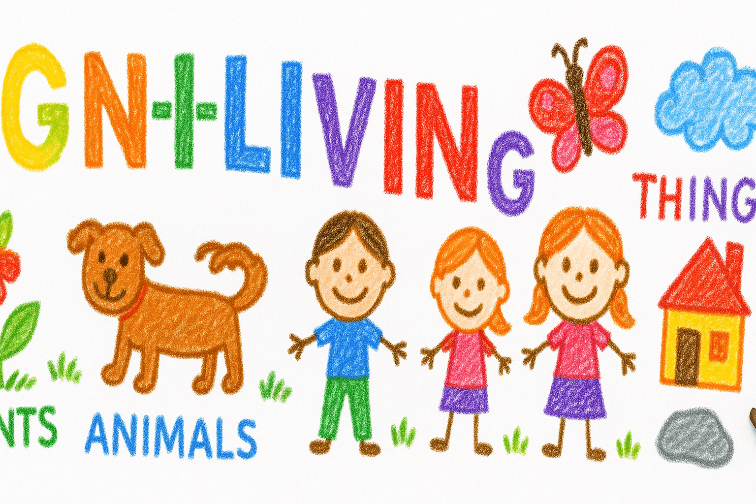 Children’s crayon drawing with the title “LIVING & NON-LIVING,” showing kids, a dog, plants, butterfly, cloud, house, and rock to illustrate living and non-living things, and that humans are animals too.