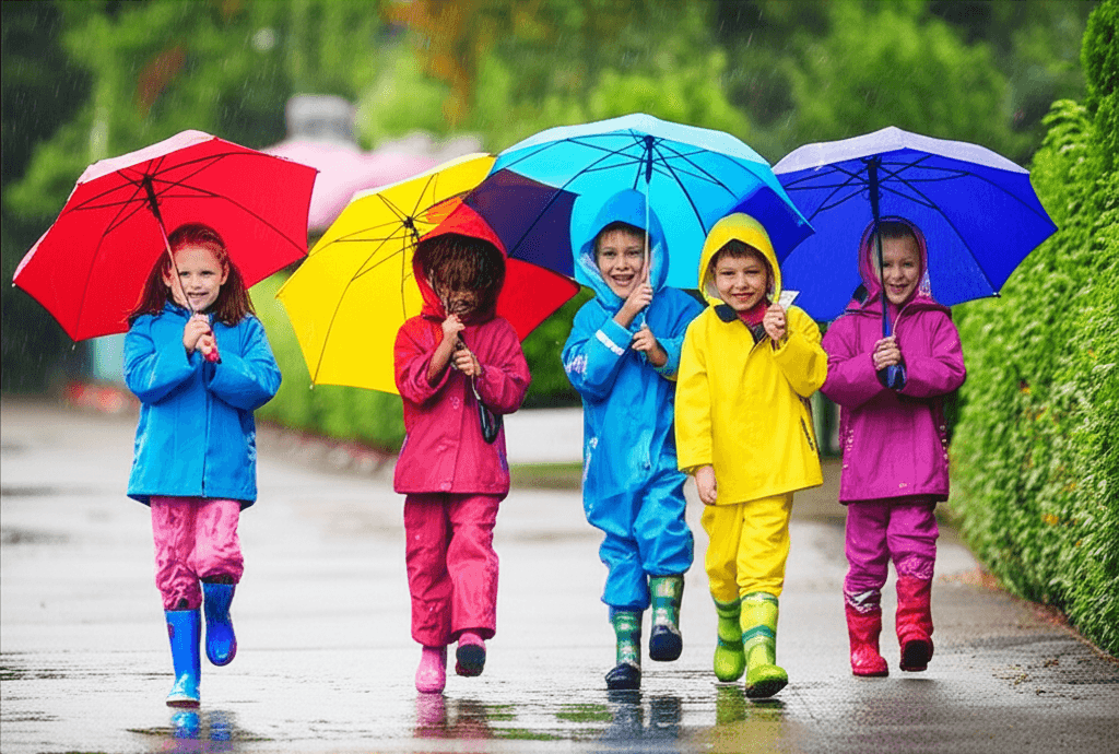 Kindergarten students exploring rain weather