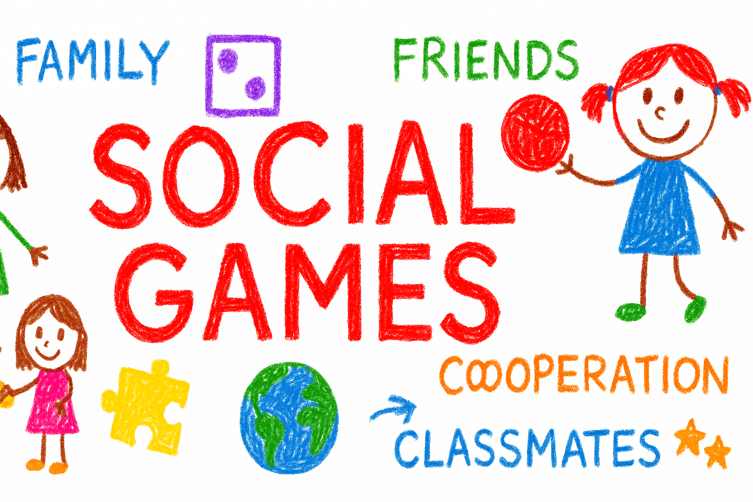 Children’s crayon drawing with the words “SOCIAL GAMES,” showing kids playing together, a girl holding a ball, children holding hands, puzzle pieces, dice, and a globe, with words like “FAMILY,” “FRIENDS,” “TEAMWORK,” “COOPERATION,” and “CLASSMATES.