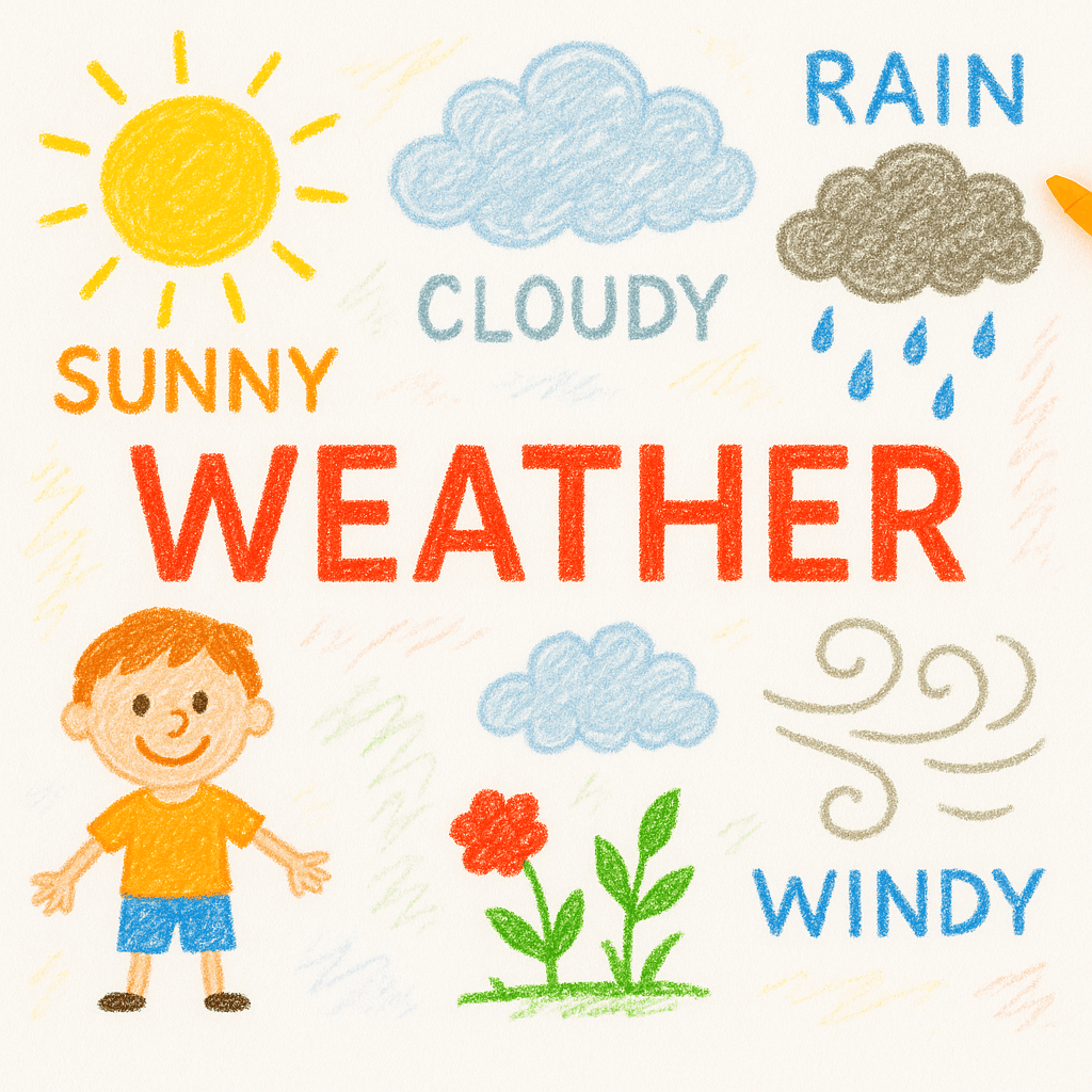 Children’s crayon drawing with the word “WEATHER,” showing a sun, clouds, rain, wind, plants, and a smiling child, labeled with simple weather words like “SUNNY,” “CLOUDY,” “RAIN,” and “WINDY.”