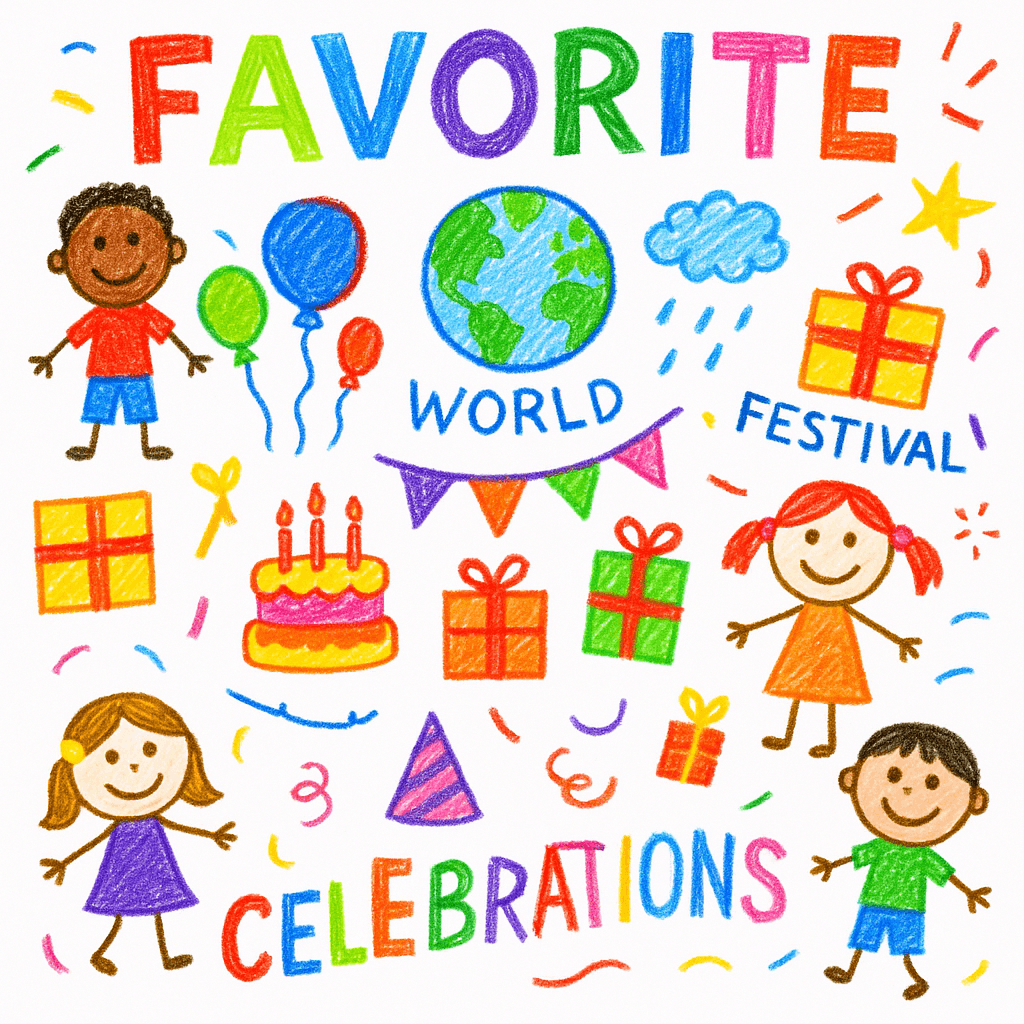 Children’s crayon drawing with the words “FAVORITE CELEBRATIONS,” showing kids, a globe, balloons, presents, a cake, bunting, and confetti, highlighting festivals, diversity, and joyful family traditions.