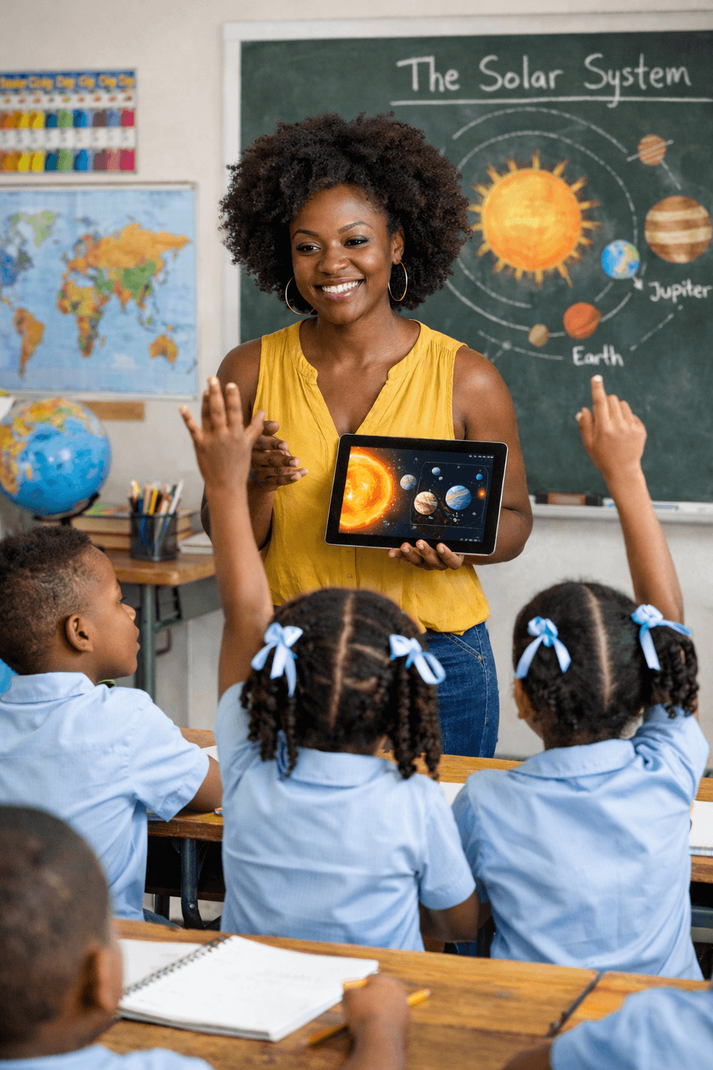 Caribbean teacher engaging students with digital tools in the classroom