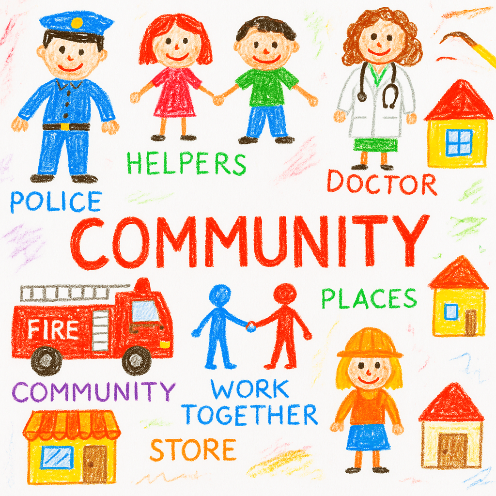 Children’s crayon drawings with the word “COMMUNITY,” showing police, doctor, firefighter, store, houses, and kids holding hands, highlighting helpers, places, and working together.