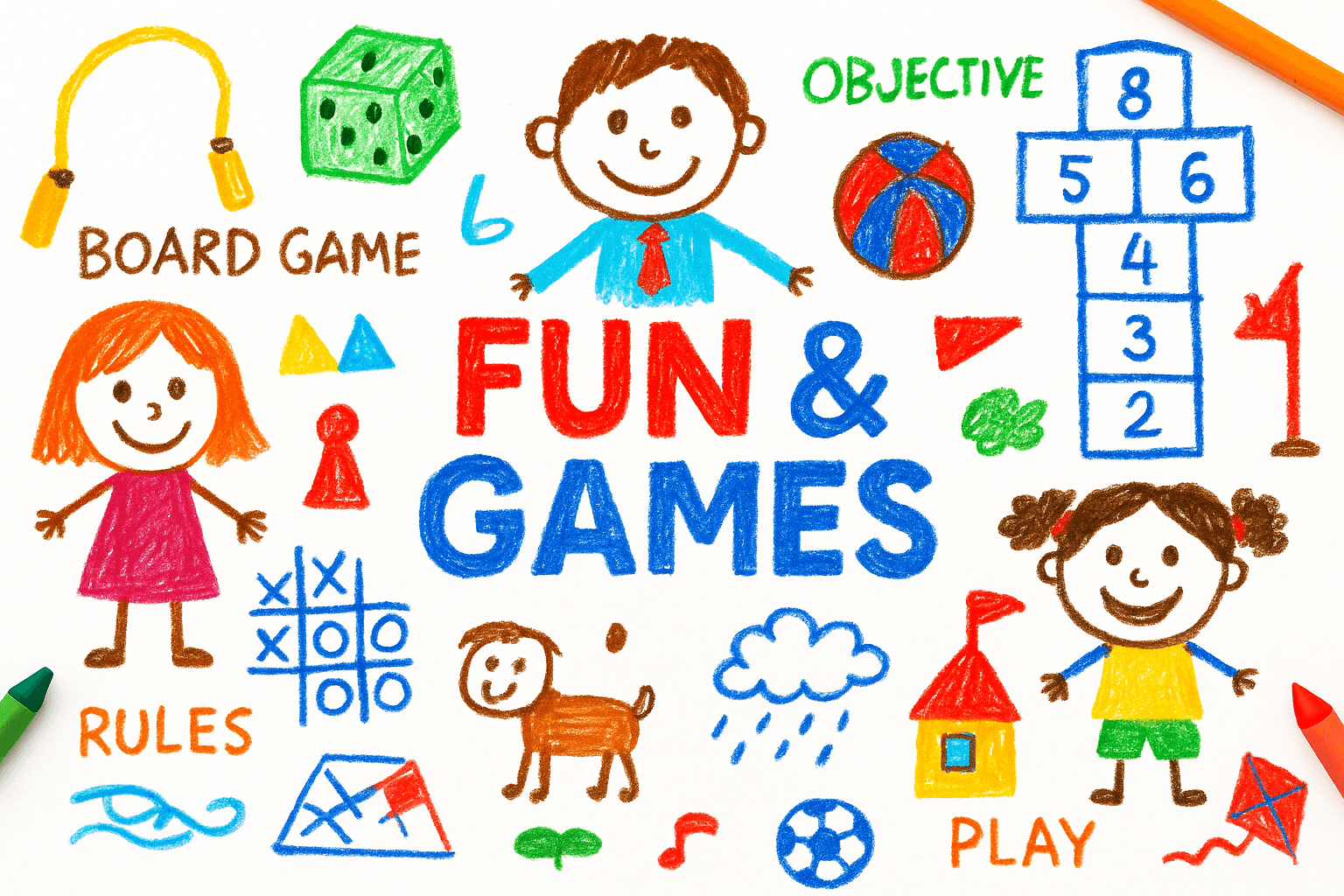 Children’s crayon drawing with the words “FUN & GAMES,” showing kids, a hopscotch grid, dice, board game pieces, tic-tac-toe, ball, kite, and playful scenes with labels like “RULES,” “OBJECTIVE,” and “PLAY.”
