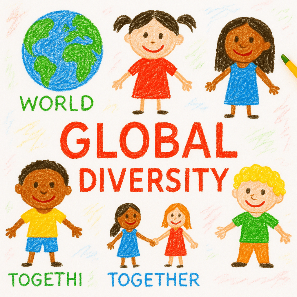 Children’s crayon drawings with the words “GLOBAL DIVERSITY,” showing kids of different ethnicities holding hands, a globe, and the words “WORLD” and “TOGETHER,” celebrating unity and diversity.