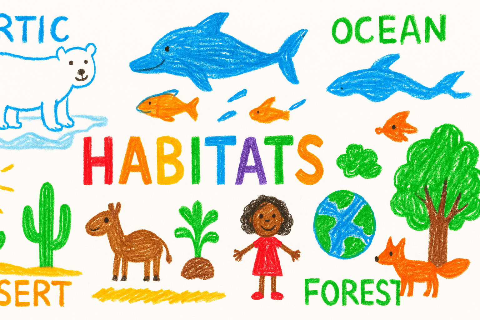 Children’s crayon drawing with the word “HABITATS,” showing Arctic with a polar bear, Ocean with dolphins and fish, Desert with cactus and camel, and Forest with trees, fox, and a child, illustrating how plants and animals live in different environments.