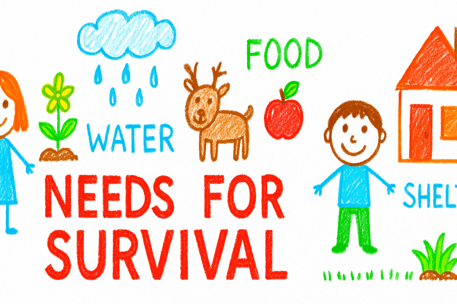 Children’s crayon drawing with the words “NEEDS FOR SURVIVAL,” showing a sun, rain cloud, plant, deer, apple, house, and children, labeled with “LIGHT,” “WATER,” “FOOD,” and “SHELTER” to illustrate basic needs of plants and animals.
