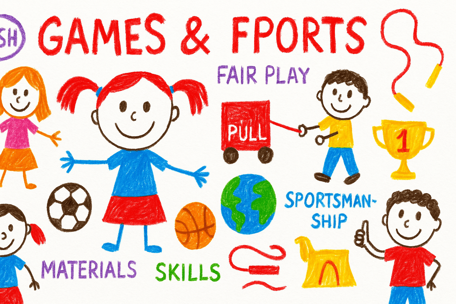 Children’s crayon drawing with the words “GAMES & SPORTS,” showing kids playing with a soccer ball, basketball, and jump rope. Includes labels like “MATERIALS,” “SKILLS,” “PUSH,” “PULL,” “FAIR PLAY,” and “SPORTSMANSHIP,” with images of children smiling, a trophy, and cooperative play.